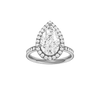 Pear-cut diamond engagement ring with a channel-set diamond band and halo setting.