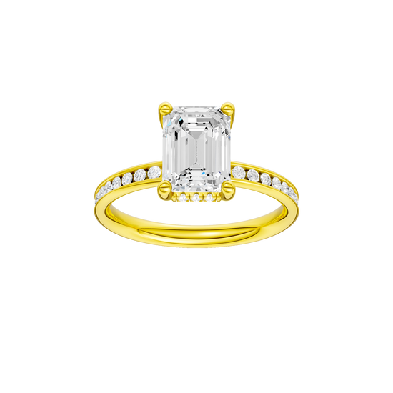 Emerald-cut diamond engagement ring with a channel-set diamond band and hidden-halo setting.