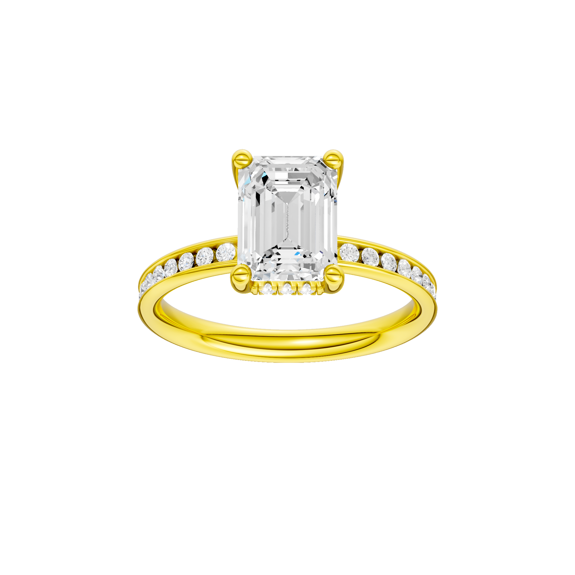 Emerald-cut diamond engagement ring with a channel-set diamond band and hidden-halo setting.