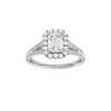 Emerald-cut diamond engagement ring with a channel-set diamond band and halo setting.