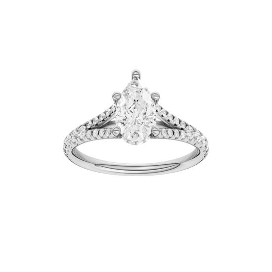 Pear-cut diamond engagement ring with a prong-set diamond band and hidden-halo setting.