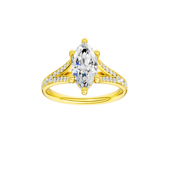 Marquise-cut diamond engagement ring with a channel-set diamond band and hidden-halo setting.