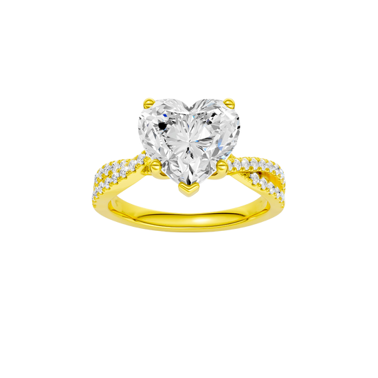 Heart-cut diamond engagement ring in 14k yellow gold with a prong-set diamond band and twist setting