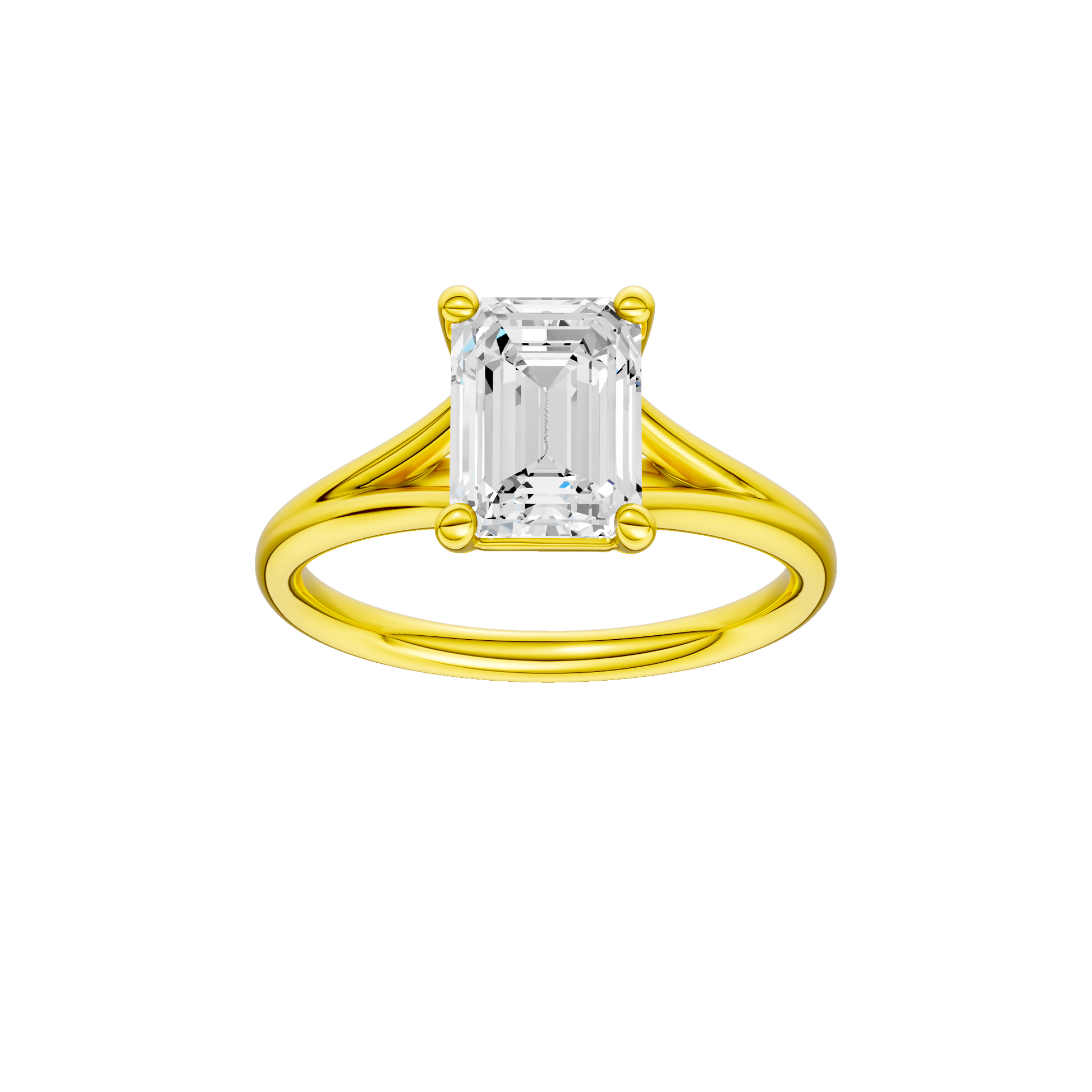 Emerald-cut diamond engagement ring with a plain band and solitaire setting.
