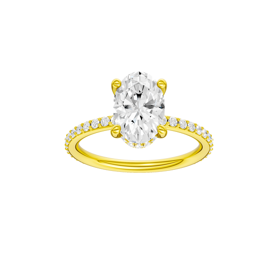 Oval-cut diamond engagement ring with a prong-set diamond band and hidden-halo setting.