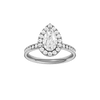 Pear-cut diamond engagement ring with a channel-set diamond band and halo setting.
