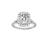 Radiant-cut diamond engagement ring with a plain band and halo setting.