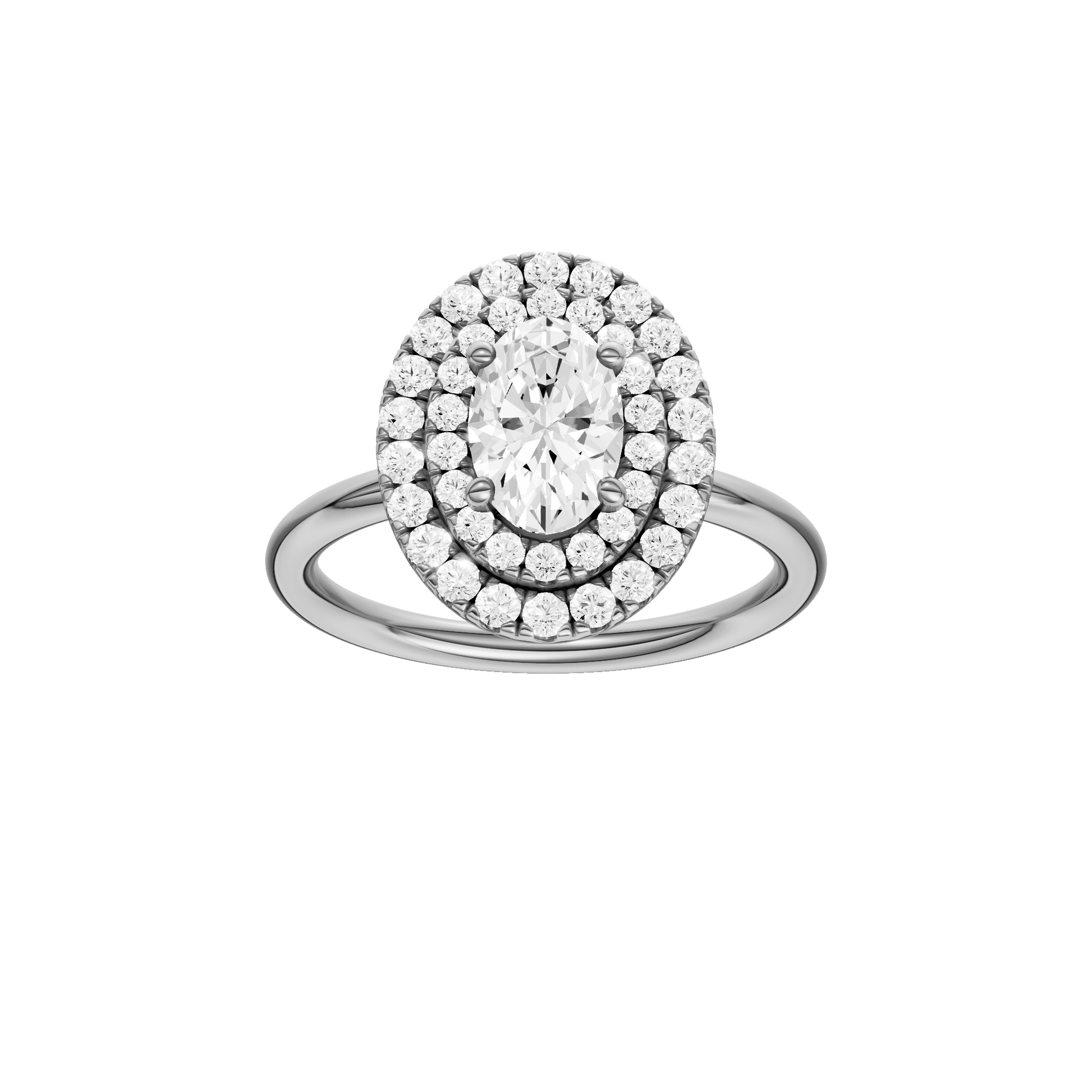 Oval-cut diamond engagement ring with a plain band and double-halo setting.