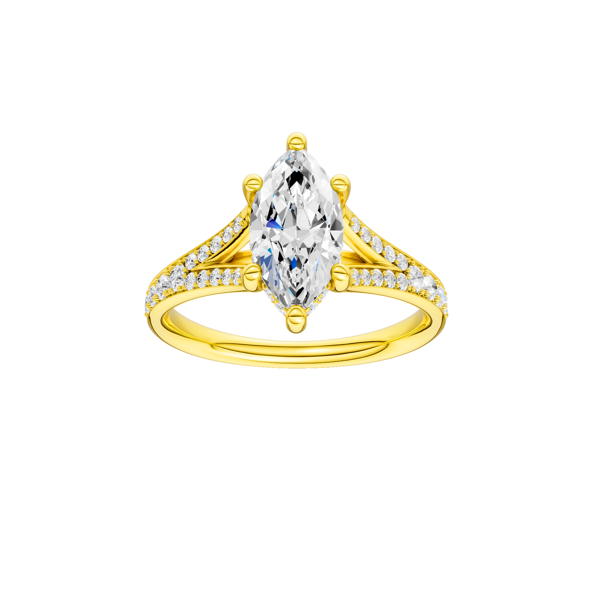 Marquise-cut diamond engagement ring with a channel-set diamond band and hidden-halo setting.