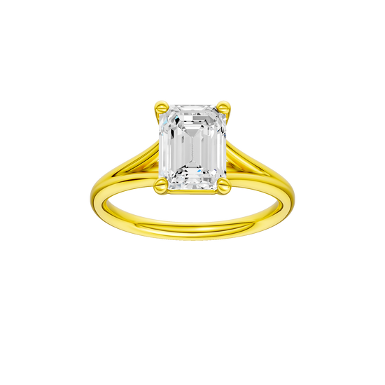 Emerald-cut diamond engagement ring with a plain band and solitaire setting.