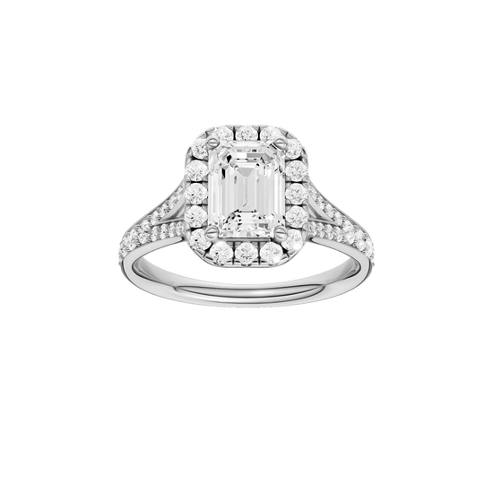 Emerald-cut diamond engagement ring with a channel-set diamond band and halo setting.