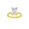 Emerald-cut diamond engagement ring with a channel-set diamond band and hidden-halo setting.