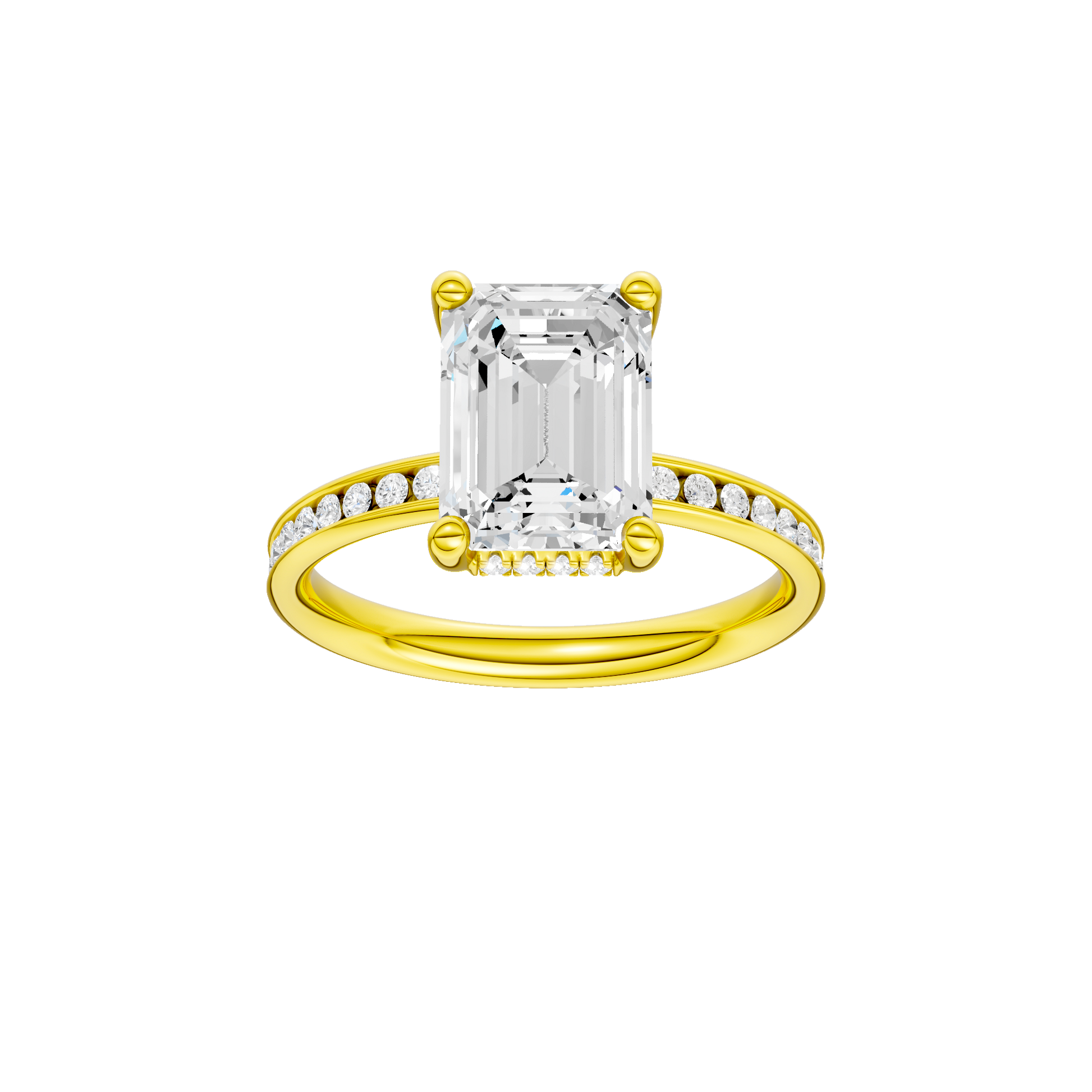 Emerald-cut diamond engagement ring with a channel-set diamond band and hidden-halo setting.