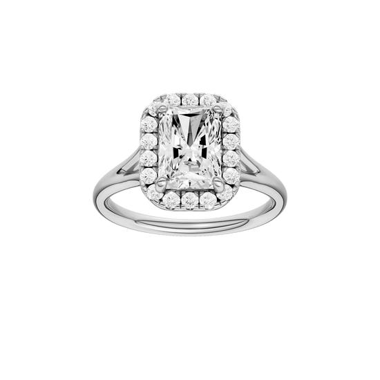 Radiant-cut diamond engagement ring with a plain band and halo setting.