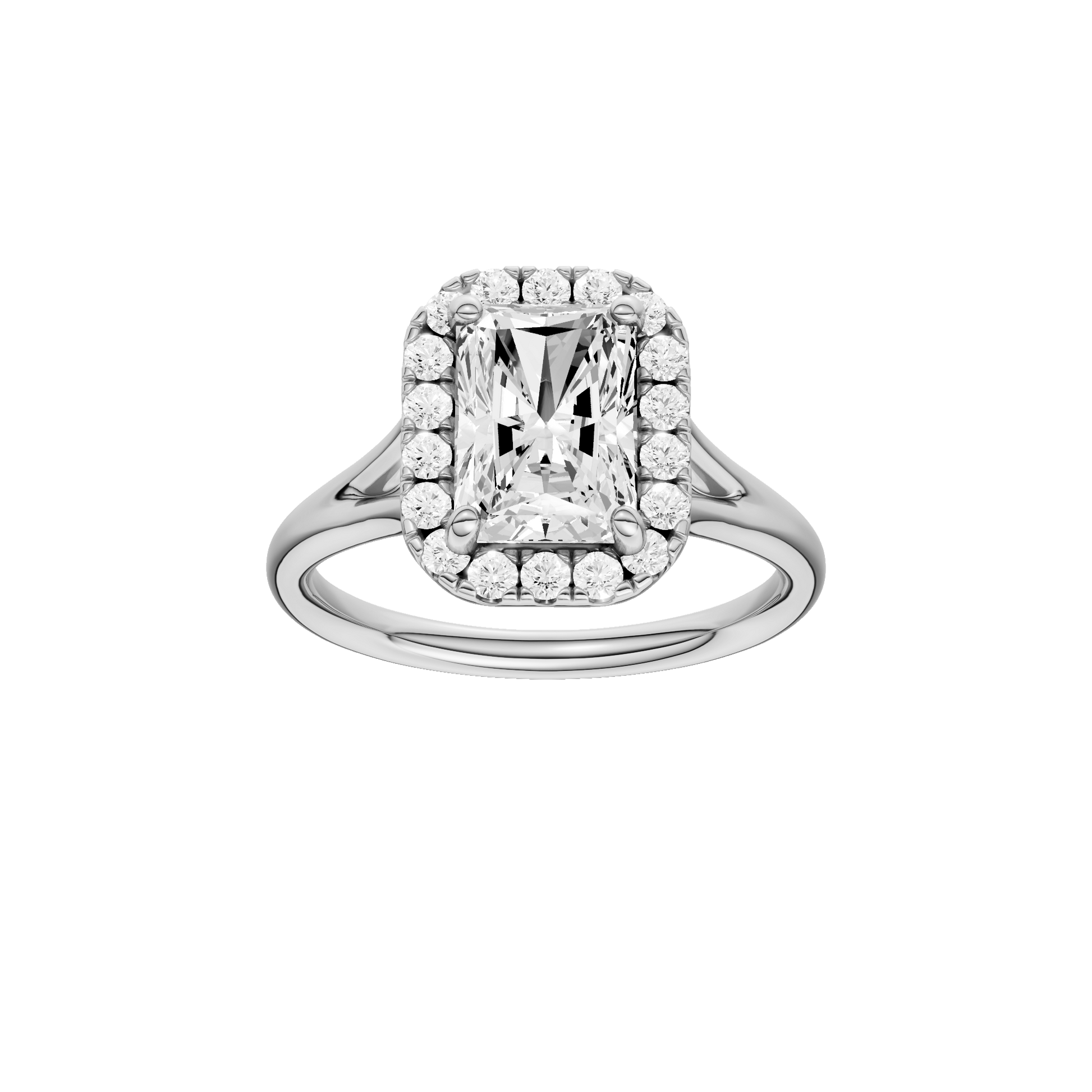 Radiant-cut diamond engagement ring with a plain band and halo setting.