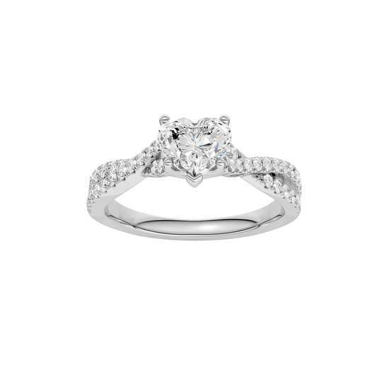 Heart-cut diamond engagement ring in 14k white gold with a prong-set diamond band and twist setting