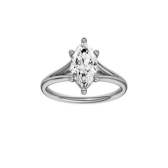 Marquise-cut diamond engagement ring with a plain band and solitaire setting.