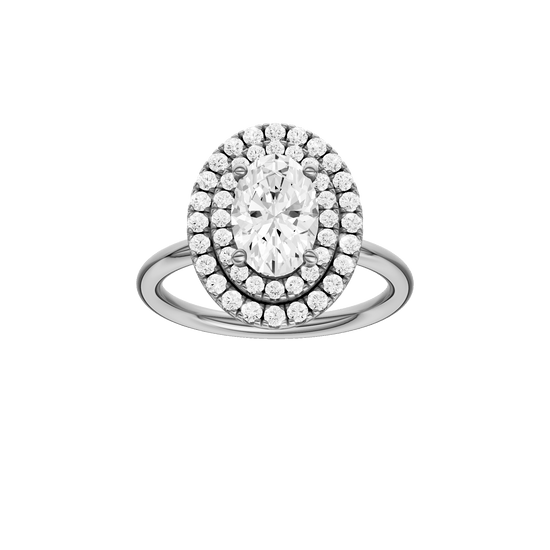 Oval-cut diamond engagement ring with a plain band and double-halo setting.