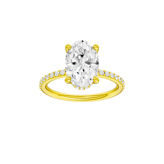 Oval-cut diamond engagement ring with a prong-set diamond band and hidden-halo setting.