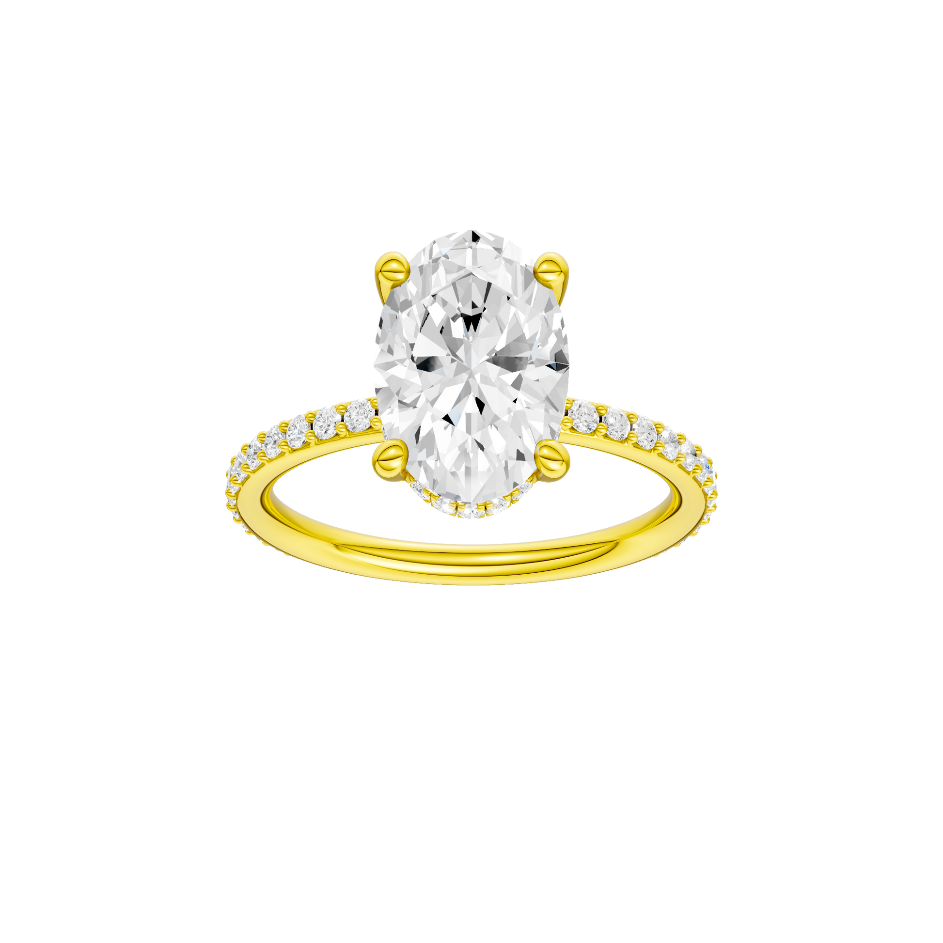 Oval-cut diamond engagement ring with a prong-set diamond band and hidden-halo setting.