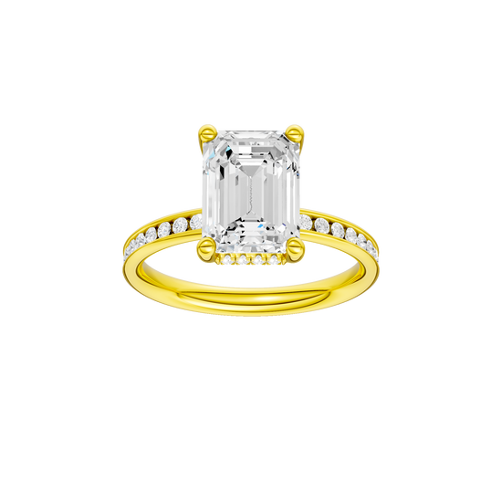 Emerald-cut diamond engagement ring with a channel-set diamond band and hidden-halo setting.