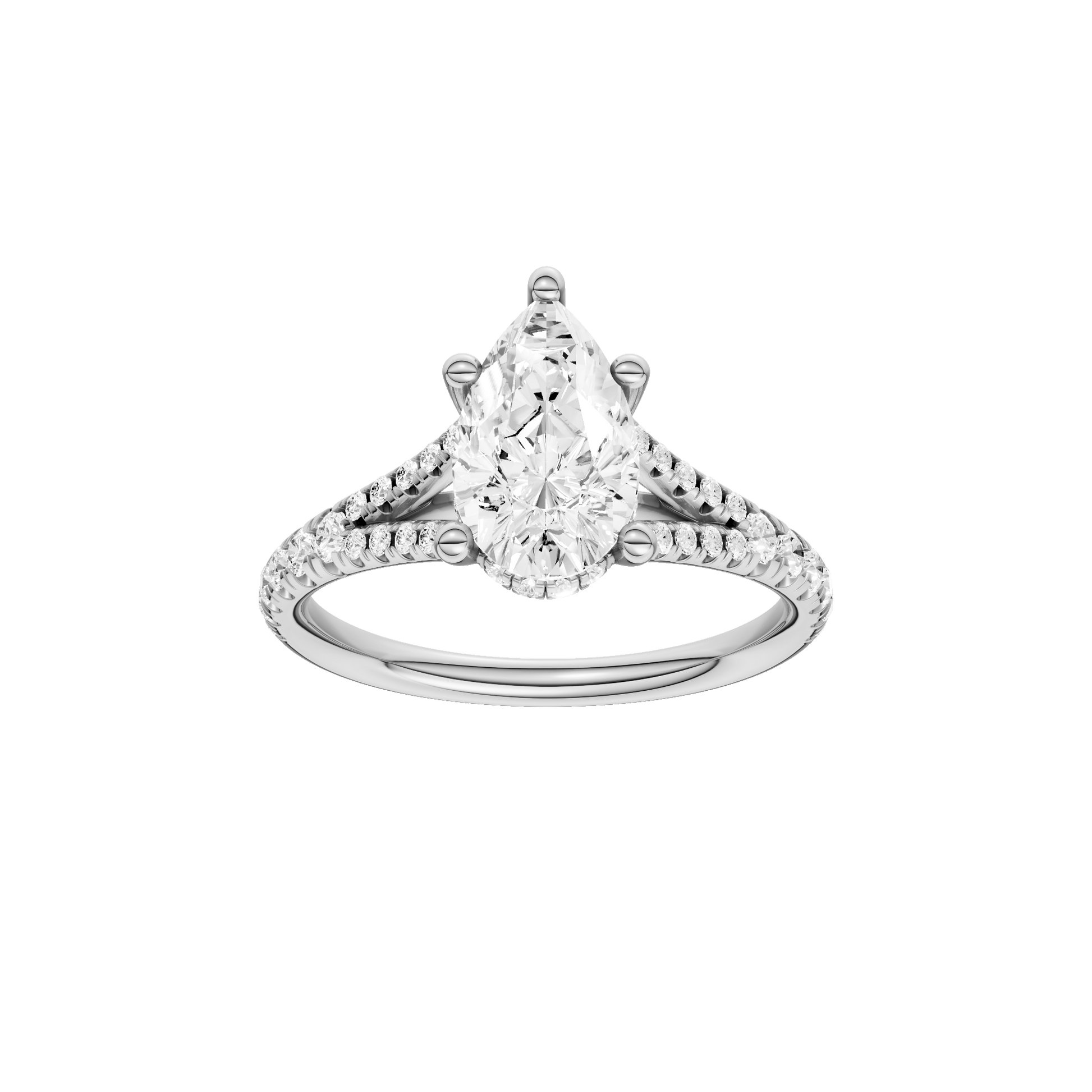 Pear-cut diamond engagement ring with a prong-set diamond band and hidden-halo setting.