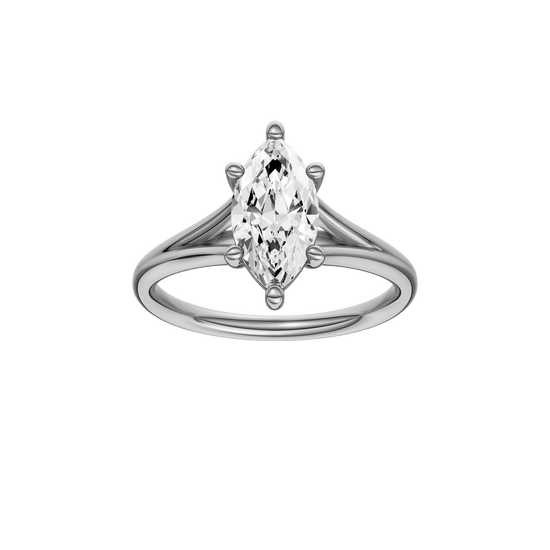 Marquise-cut diamond engagement ring with a plain band and solitaire setting.