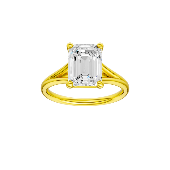 Emerald-cut diamond engagement ring with a plain band and solitaire setting.