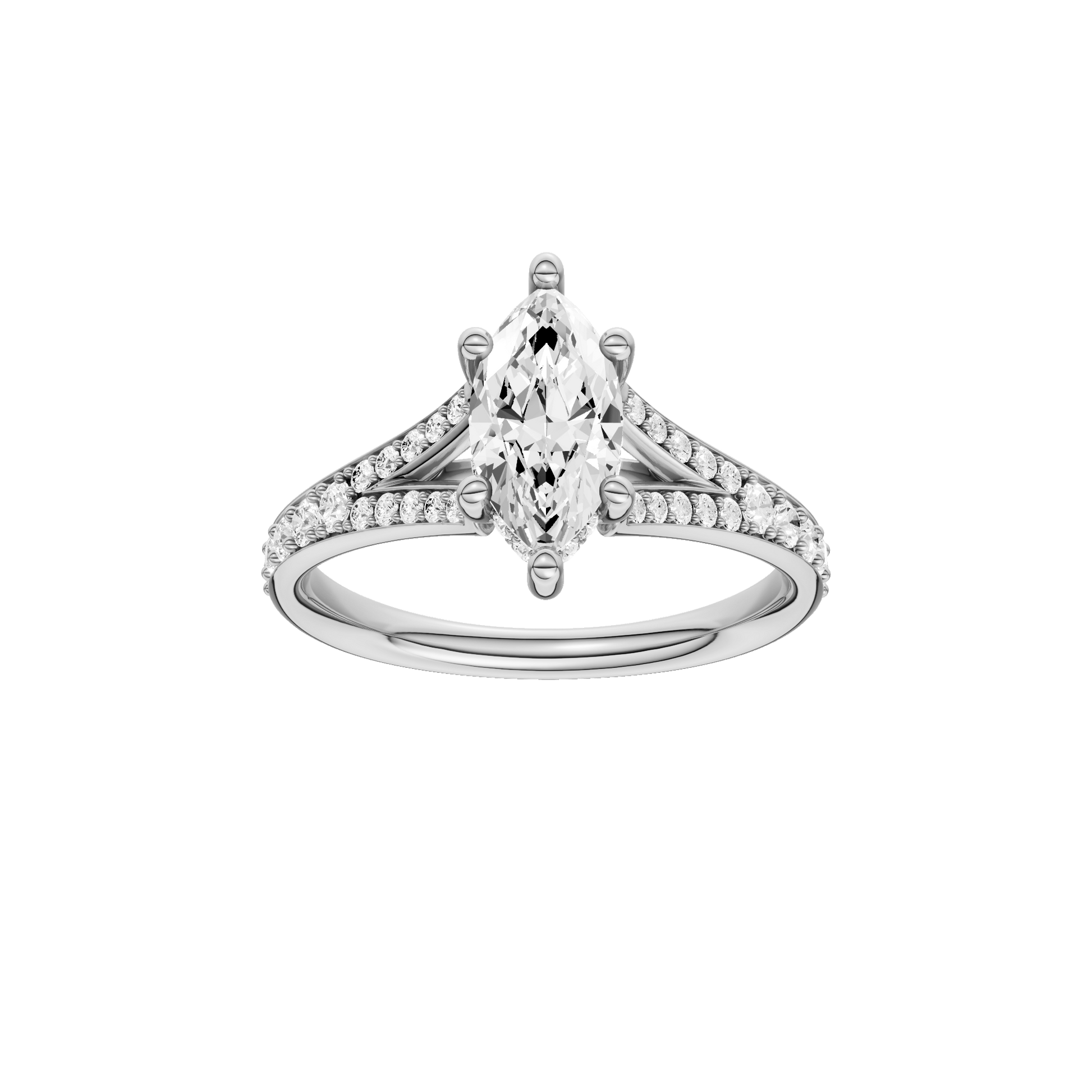 Marquise-cut diamond engagement ring with a channel-set diamond band and hidden-halo setting.