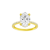 Oval-cut diamond engagement ring with a prong-set diamond band and hidden-halo setting.