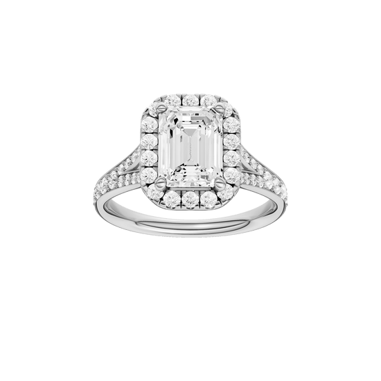 Emerald-cut diamond engagement ring with a channel-set diamond band and halo setting.