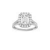 Emerald-cut diamond engagement ring with a channel-set diamond band and halo setting.