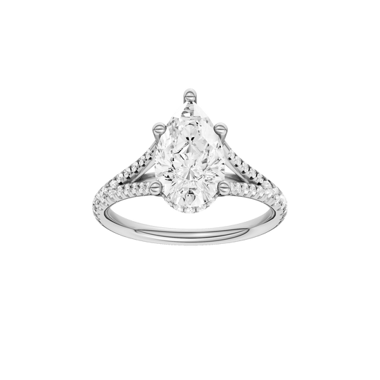 Pear-cut diamond engagement ring with a prong-set diamond band and hidden-halo setting.