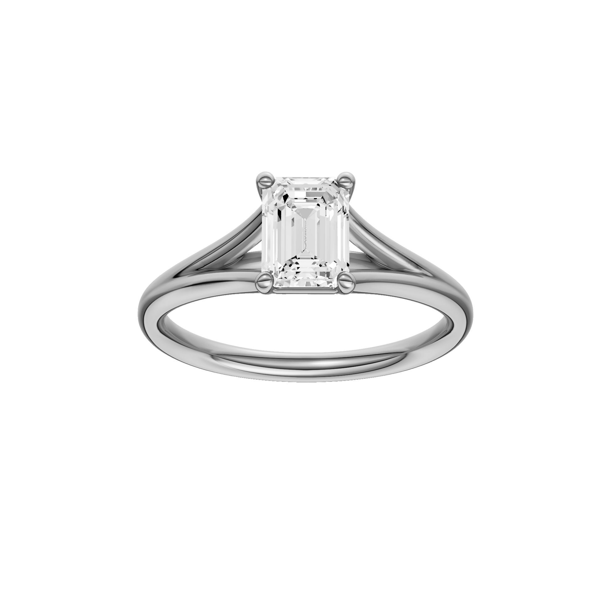 Emerald-cut diamond engagement ring with a plain band and solitaire setting.