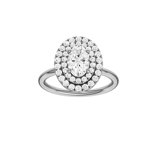 Oval-cut diamond engagement ring with a plain band and double-halo setting.