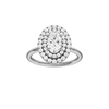 Oval-cut diamond engagement ring with a plain band and double-halo setting.