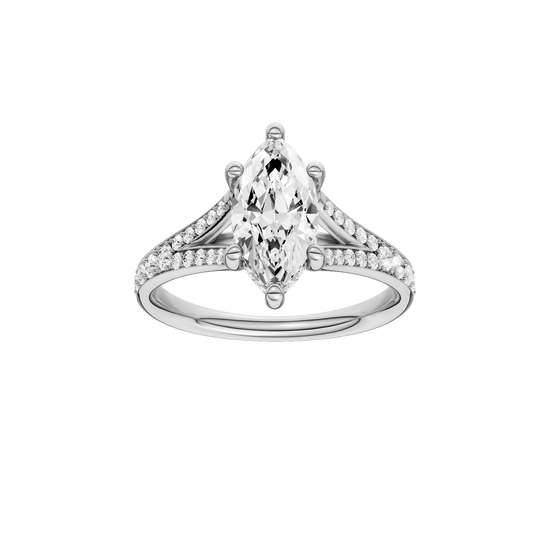 Marquise-cut diamond engagement ring with a channel-set diamond band and hidden-halo setting.