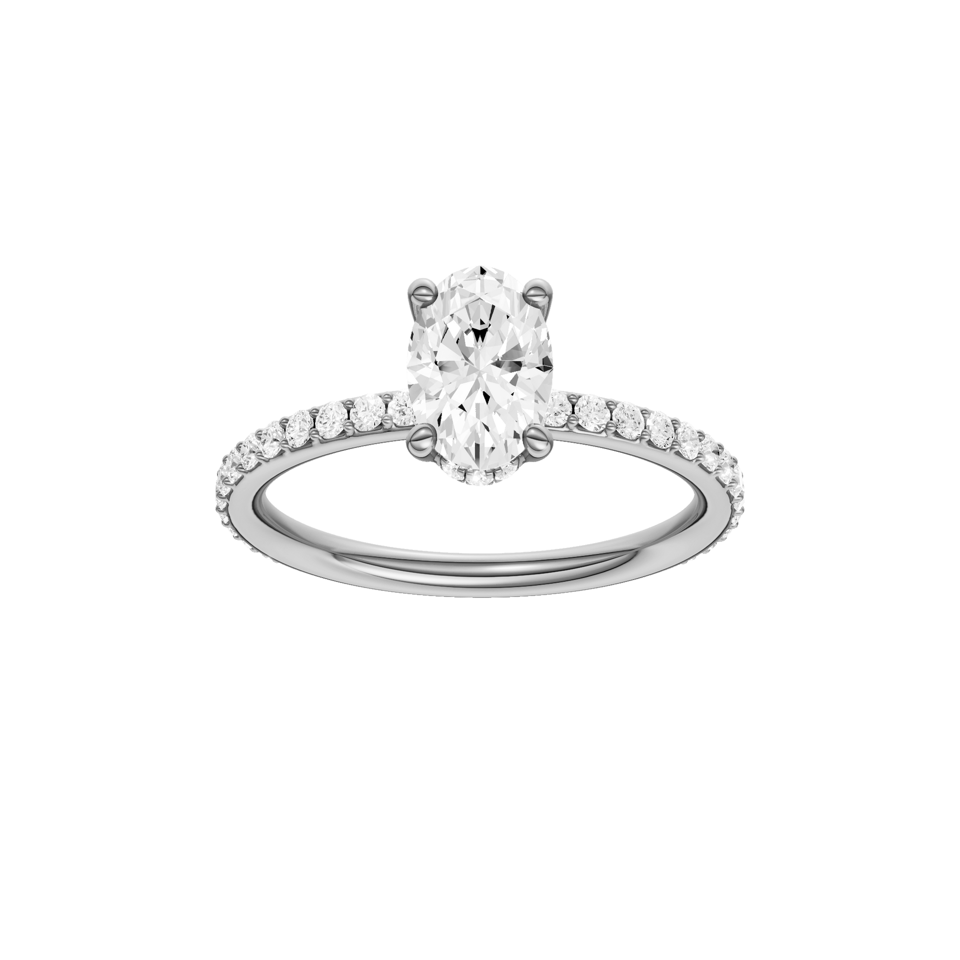Oval-cut diamond engagement ring with a prong-set diamond band and hidden-halo setting.