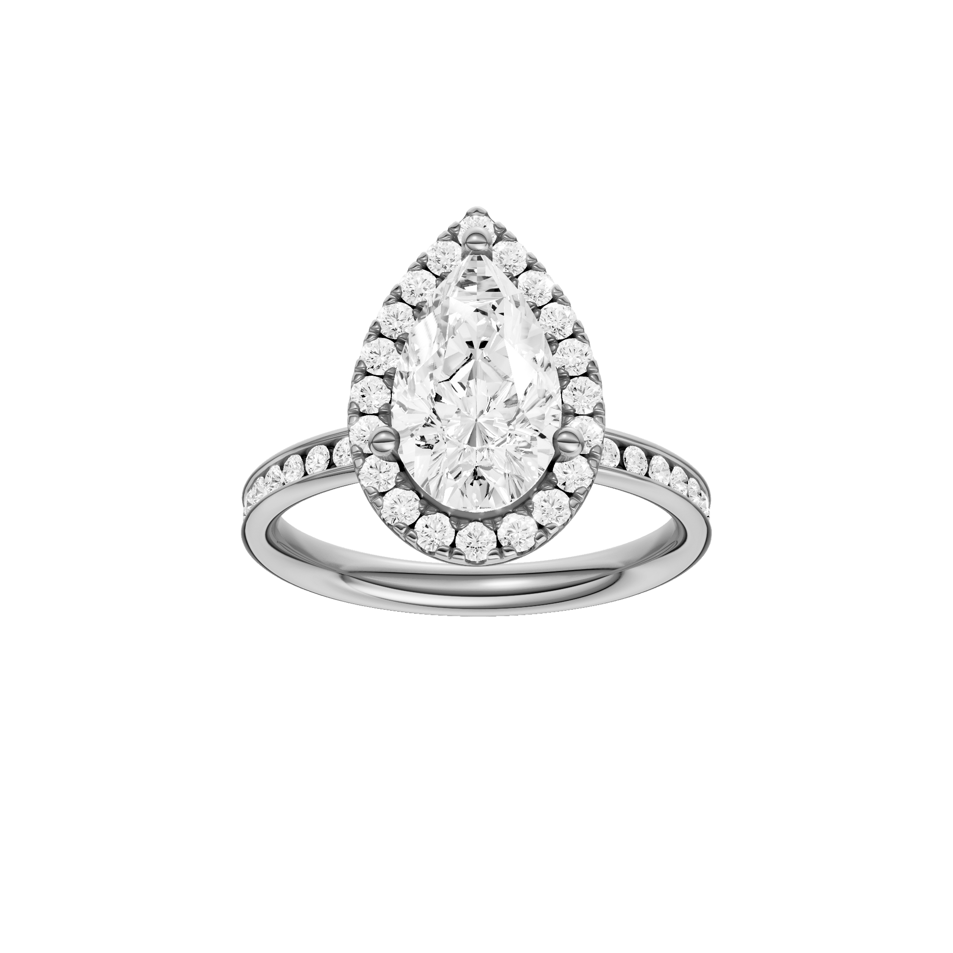Pear-cut diamond engagement ring with a channel-set diamond band and halo setting.