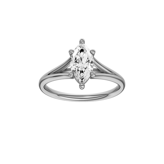 Marquise-cut diamond engagement ring with a plain band and solitaire setting.