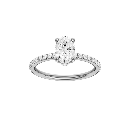 Oval-cut diamond engagement ring with a prong-set diamond band and hidden-halo setting.