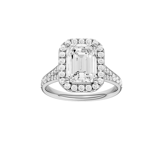 Emerald-cut diamond engagement ring with a channel-set diamond band and halo setting.