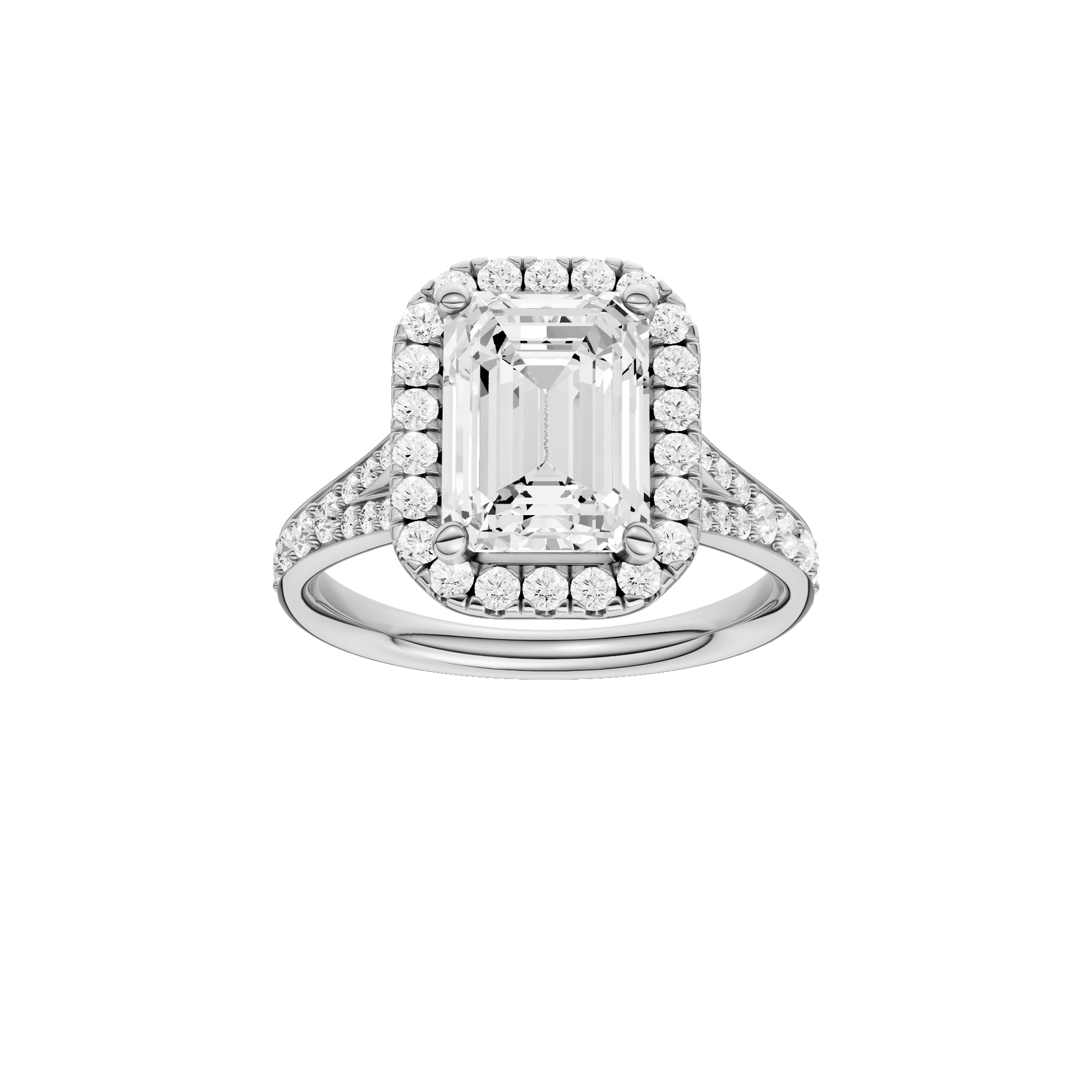 Emerald-cut diamond engagement ring with a channel-set diamond band and halo setting.