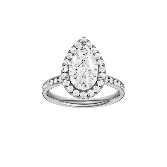 Pear-cut diamond engagement ring with a channel-set diamond band and halo setting.