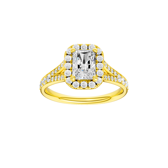 Radiant-cut diamond engagement ring with a channel-set diamond band and halo setting.