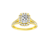 Radiant-cut diamond engagement ring with a channel-set diamond band and halo setting.
