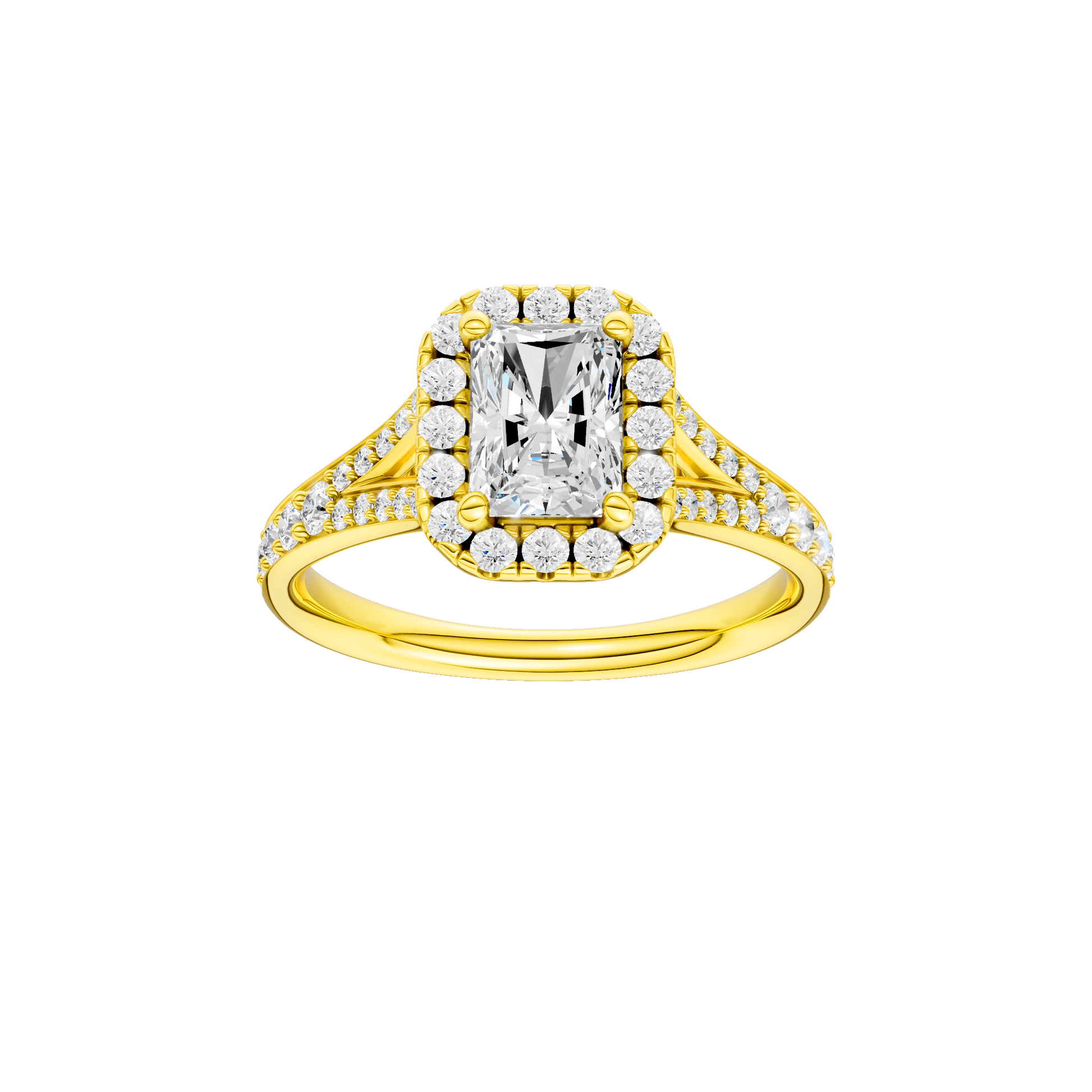 Radiant-cut diamond engagement ring with a channel-set diamond band and halo setting.