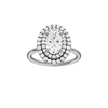 Oval-cut diamond engagement ring with a plain band and double-halo setting.