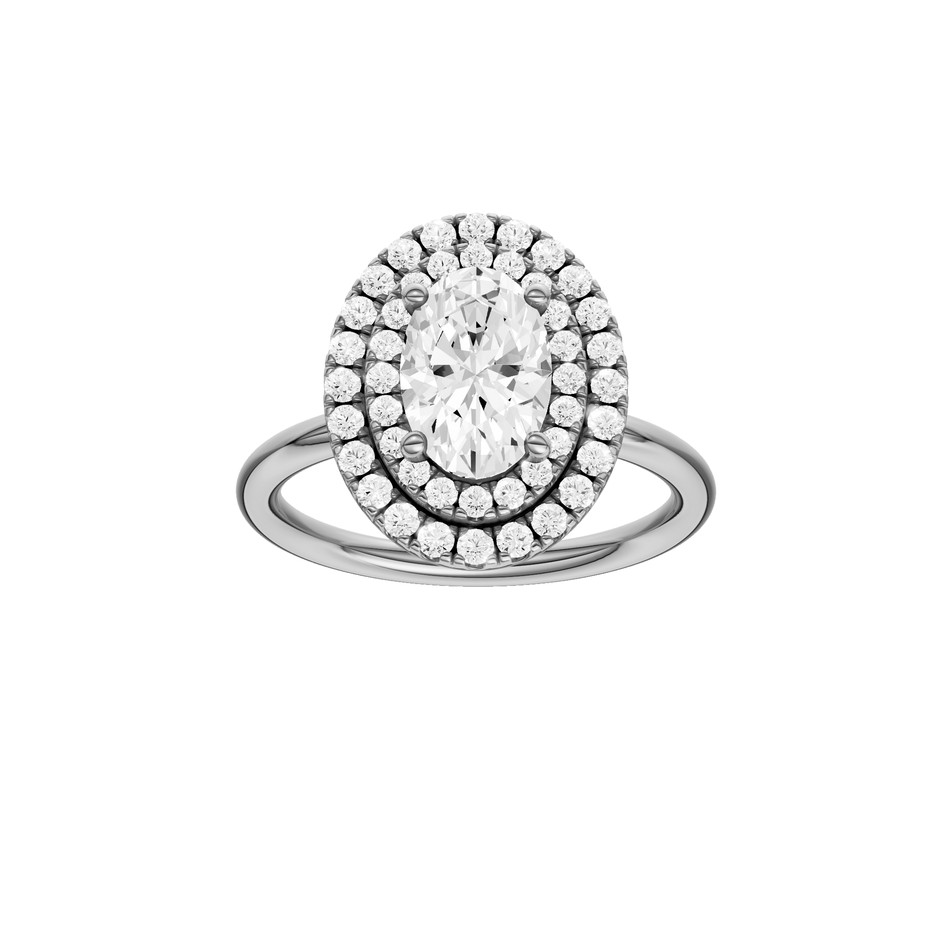 Oval-cut diamond engagement ring with a plain band and double-halo setting.