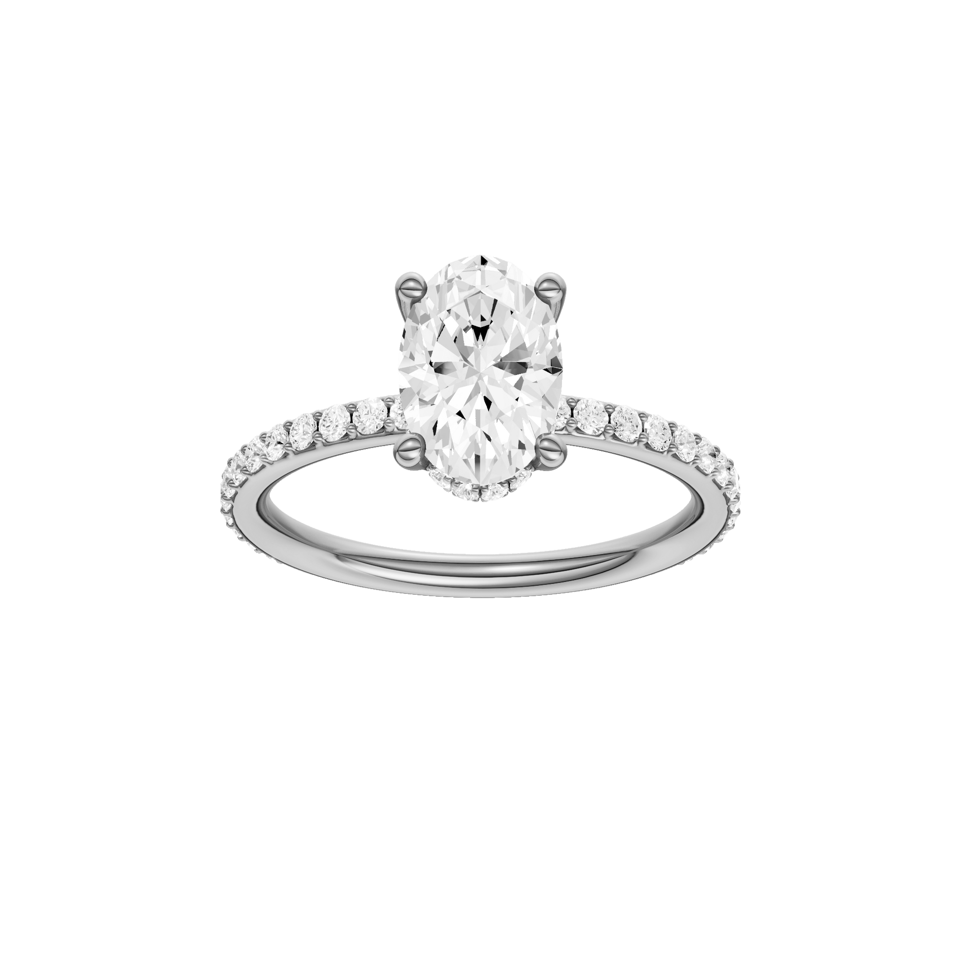 Oval-cut diamond engagement ring with a prong-set diamond band and hidden-halo setting.